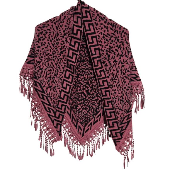 Pink Black Knit Triangle Wrap Shawl Scarf Fringe Lace Trim Womens One Size - Picture 1 of 3